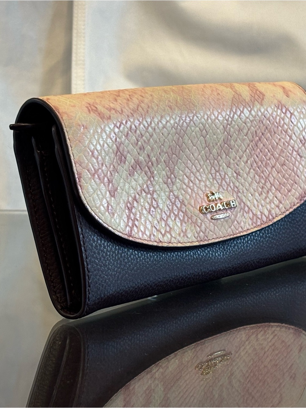 Coach Pink Snake-Print & Black Leather Foldover Clutch